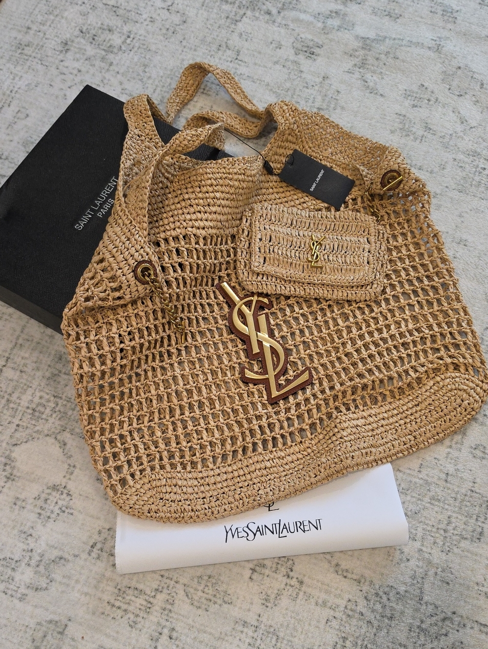 Tan Raffia Mesh Tote with Gold YSL Logo